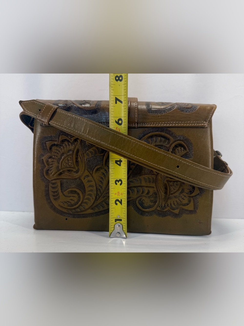 Vintage Flores Hand-Tooled Brown/green Leather accordion style shoulder Bag - Picture 4 of 16